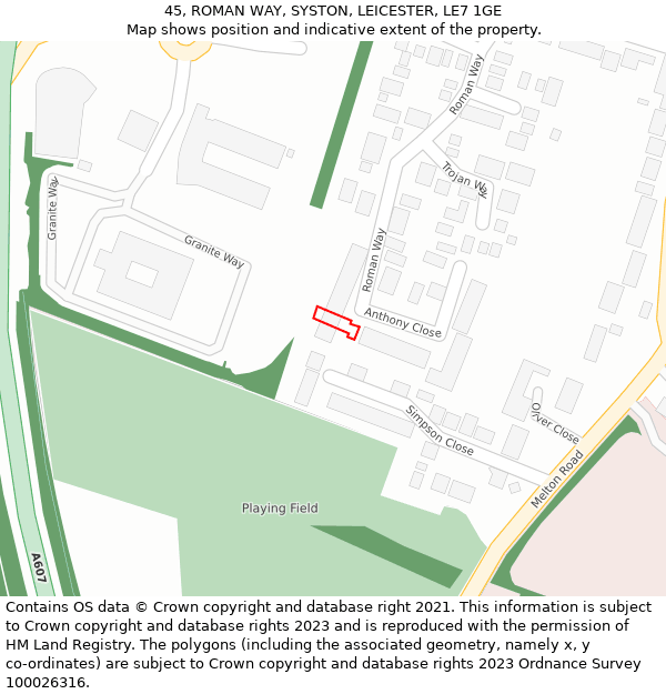 45, ROMAN WAY, SYSTON, LEICESTER, LE7 1GE: Location map and indicative extent of plot