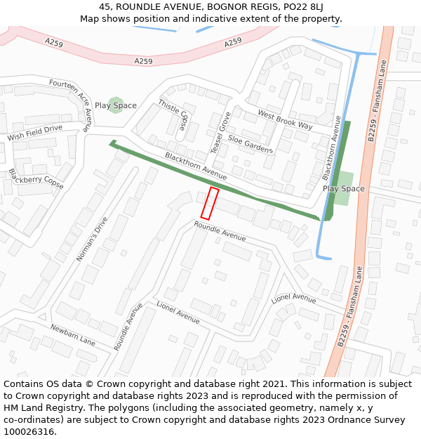 45, ROUNDLE AVENUE, BOGNOR REGIS, PO22 8LJ: Location map and indicative extent of plot