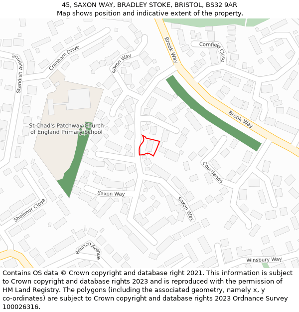 45, SAXON WAY, BRADLEY STOKE, BRISTOL, BS32 9AR: Location map and indicative extent of plot