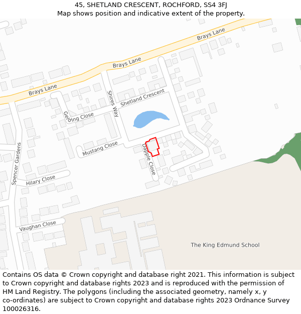 45, SHETLAND CRESCENT, ROCHFORD, SS4 3FJ: Location map and indicative extent of plot