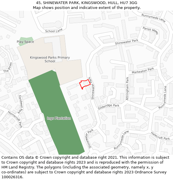 45, SHINEWATER PARK, KINGSWOOD, HULL, HU7 3GG: Location map and indicative extent of plot