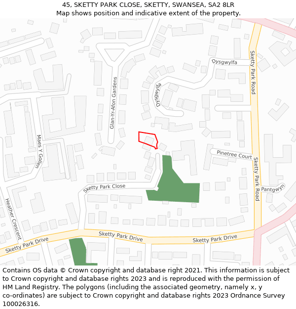 45, SKETTY PARK CLOSE, SKETTY, SWANSEA, SA2 8LR: Location map and indicative extent of plot