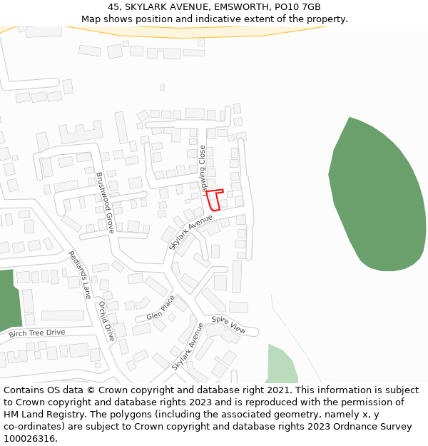 45, SKYLARK AVENUE, EMSWORTH, PO10 7GB: Location map and indicative extent of plot