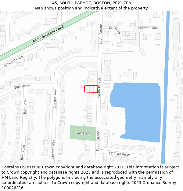 45, SOUTH PARADE, BOSTON, PE21 7PN: Location map and indicative extent of plot