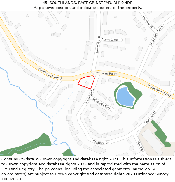 45, SOUTHLANDS, EAST GRINSTEAD, RH19 4DB: Location map and indicative extent of plot