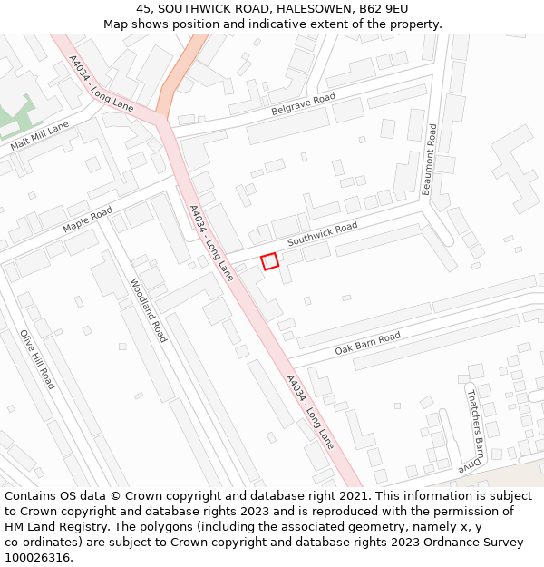 45, SOUTHWICK ROAD, HALESOWEN, B62 9EU: Location map and indicative extent of plot