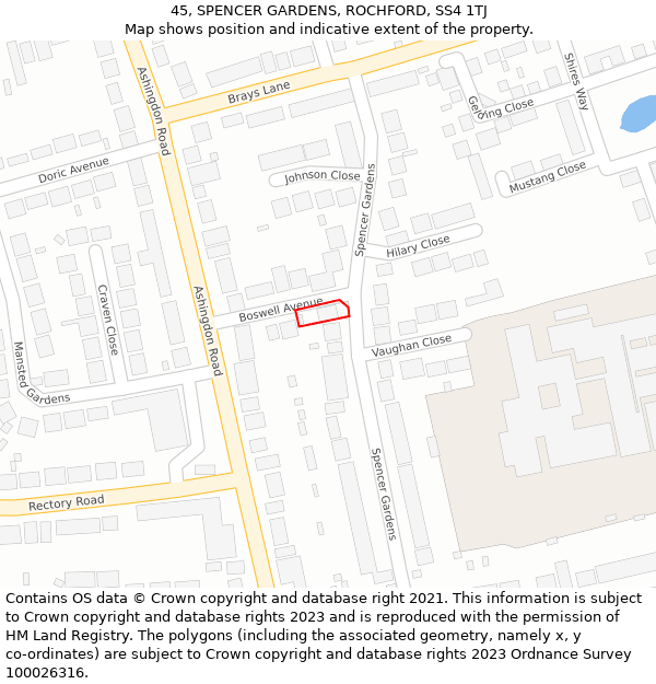 45, SPENCER GARDENS, ROCHFORD, SS4 1TJ: Location map and indicative extent of plot