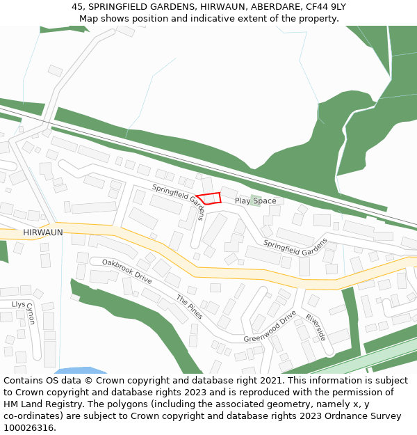 45, SPRINGFIELD GARDENS, HIRWAUN, ABERDARE, CF44 9LY: Location map and indicative extent of plot