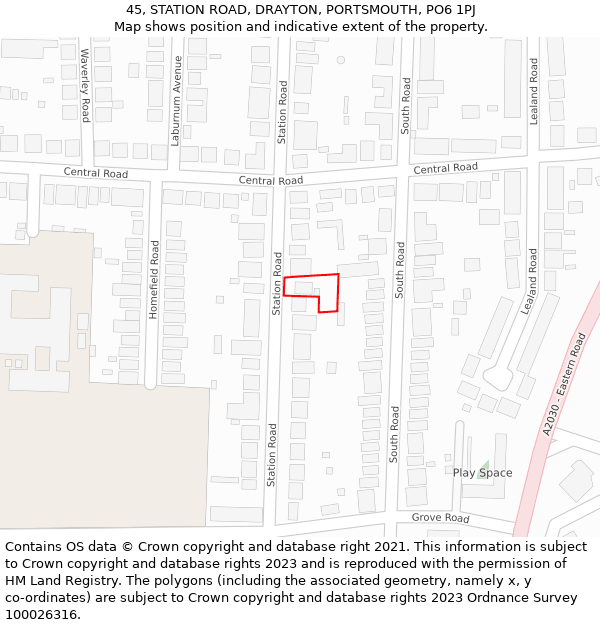 45, STATION ROAD, DRAYTON, PORTSMOUTH, PO6 1PJ: Location map and indicative extent of plot