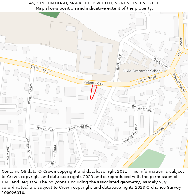 45, STATION ROAD, MARKET BOSWORTH, NUNEATON, CV13 0LT: Location map and indicative extent of plot