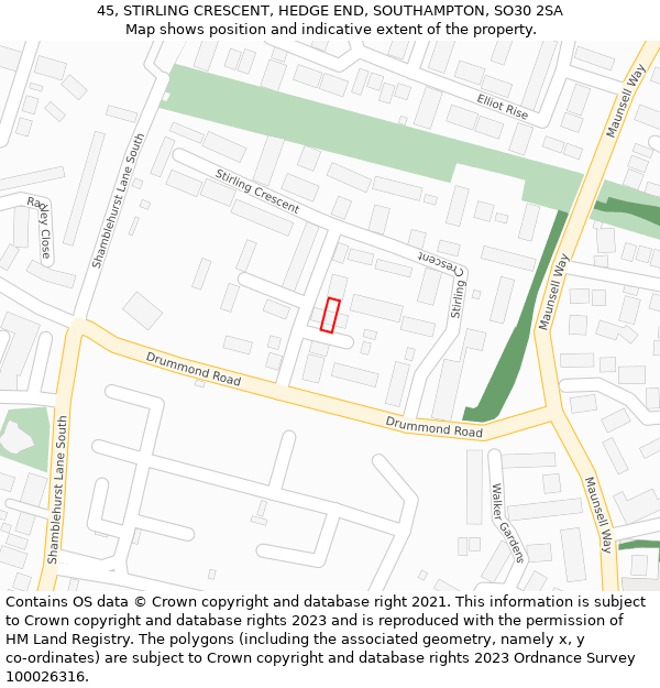 45, STIRLING CRESCENT, HEDGE END, SOUTHAMPTON, SO30 2SA: Location map and indicative extent of plot