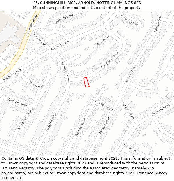 45, SUNNINGHILL RISE, ARNOLD, NOTTINGHAM, NG5 8ES: Location map and indicative extent of plot