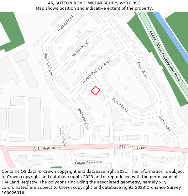 45, SUTTON ROAD, WEDNESBURY, WS10 8SG: Location map and indicative extent of plot