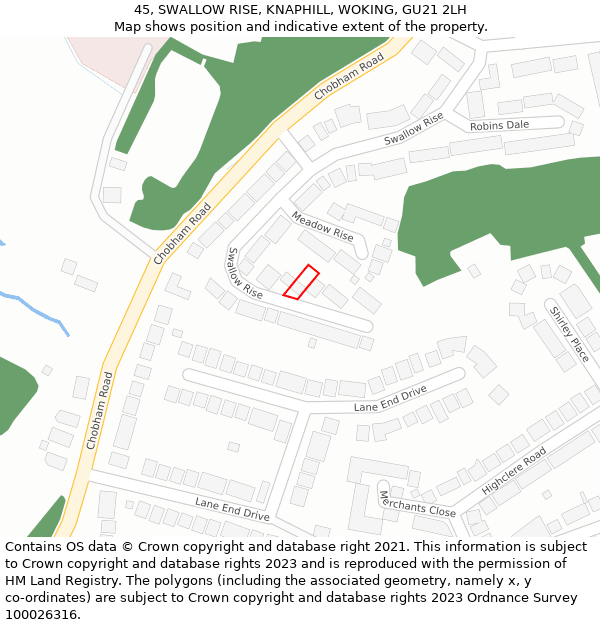 45, SWALLOW RISE, KNAPHILL, WOKING, GU21 2LH: Location map and indicative extent of plot