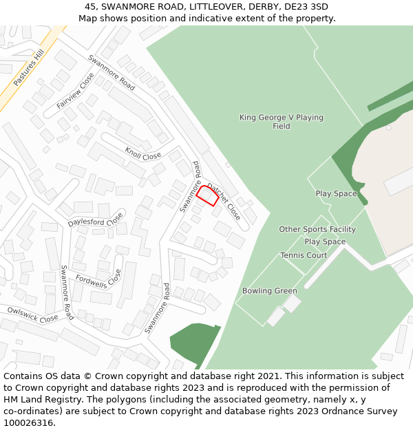 45, SWANMORE ROAD, LITTLEOVER, DERBY, DE23 3SD: Location map and indicative extent of plot