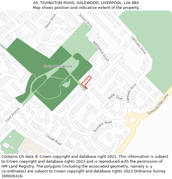 45, TAVINGTON ROAD, HALEWOOD, LIVERPOOL, L26 6BA: Location map and indicative extent of plot