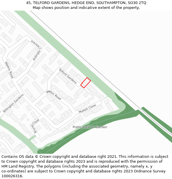 45, TELFORD GARDENS, HEDGE END, SOUTHAMPTON, SO30 2TQ: Location map and indicative extent of plot