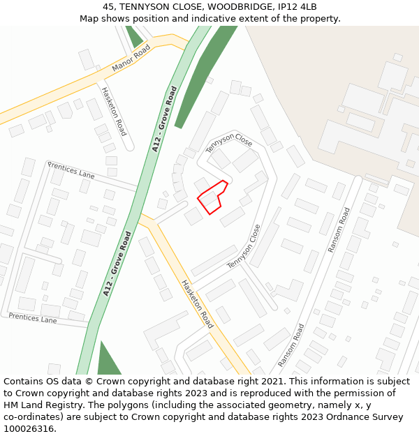 45, TENNYSON CLOSE, WOODBRIDGE, IP12 4LB: Location map and indicative extent of plot