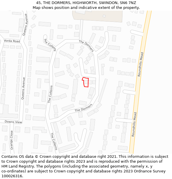 45, THE DORMERS, HIGHWORTH, SWINDON, SN6 7NZ: Location map and indicative extent of plot