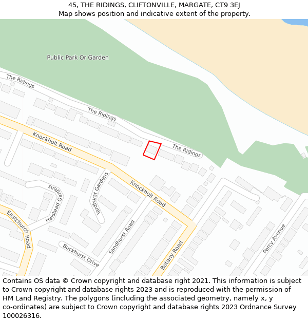 45, THE RIDINGS, CLIFTONVILLE, MARGATE, CT9 3EJ: Location map and indicative extent of plot