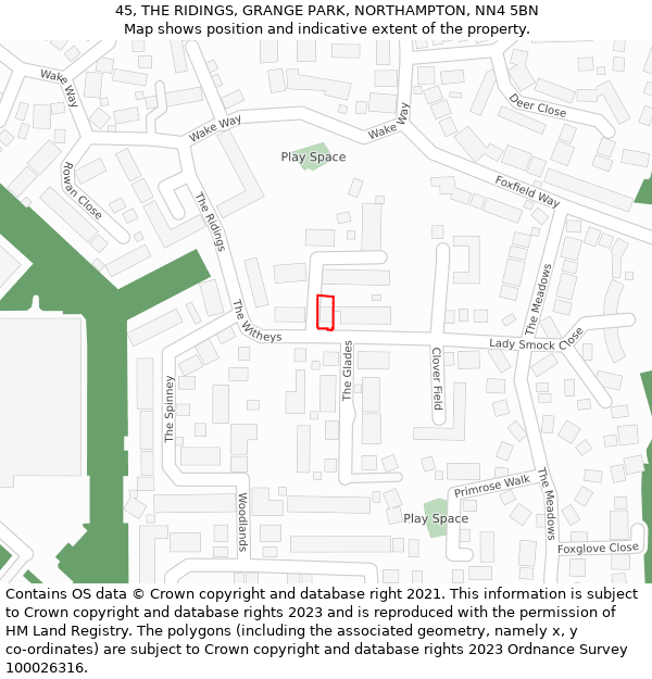 45, THE RIDINGS, GRANGE PARK, NORTHAMPTON, NN4 5BN: Location map and indicative extent of plot