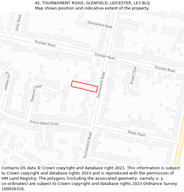 45, TOURNAMENT ROAD, GLENFIELD, LEICESTER, LE3 8LQ: Location map and indicative extent of plot