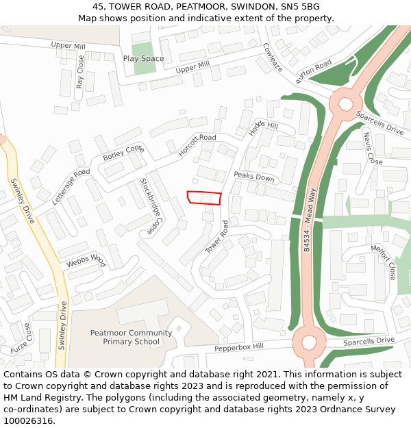 45, TOWER ROAD, PEATMOOR, SWINDON, SN5 5BG: Location map and indicative extent of plot