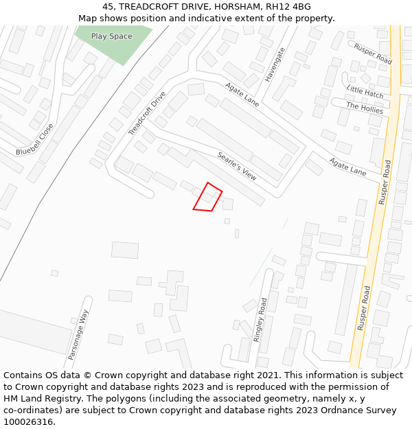 45, TREADCROFT DRIVE, HORSHAM, RH12 4BG: Location map and indicative extent of plot