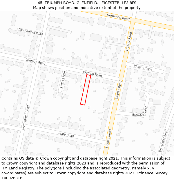 45, TRIUMPH ROAD, GLENFIELD, LEICESTER, LE3 8FS: Location map and indicative extent of plot