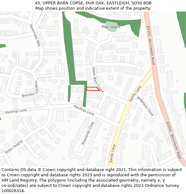 45, UPPER BARN COPSE, FAIR OAK, EASTLEIGH, SO50 8DB: Location map and indicative extent of plot