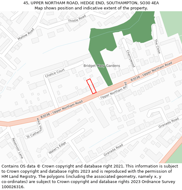 45, UPPER NORTHAM ROAD, HEDGE END, SOUTHAMPTON, SO30 4EA: Location map and indicative extent of plot