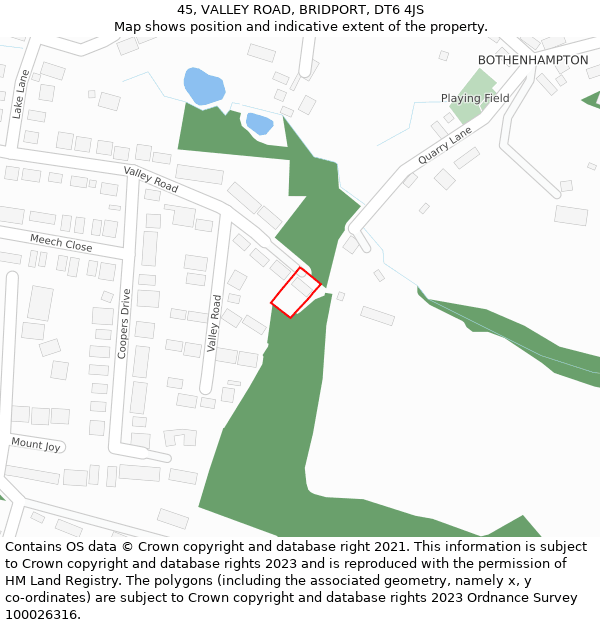 45, VALLEY ROAD, BRIDPORT, DT6 4JS: Location map and indicative extent of plot