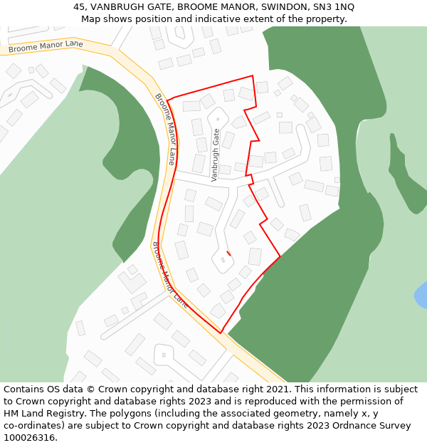 45, VANBRUGH GATE, BROOME MANOR, SWINDON, SN3 1NQ: Location map and indicative extent of plot