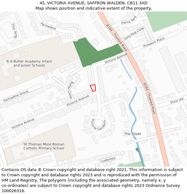 45, VICTORIA AVENUE, SAFFRON WALDEN, CB11 3AD: Location map and indicative extent of plot