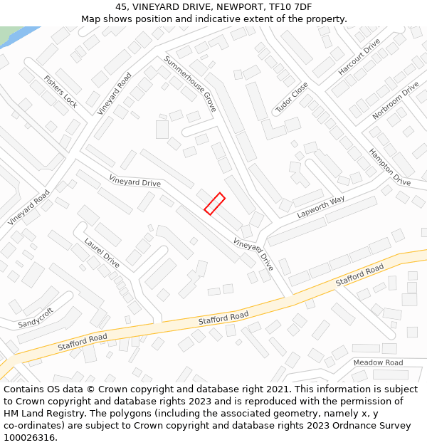 45, VINEYARD DRIVE, NEWPORT, TF10 7DF: Location map and indicative extent of plot