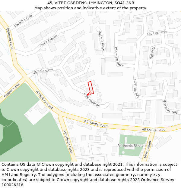 45, VITRE GARDENS, LYMINGTON, SO41 3NB: Location map and indicative extent of plot