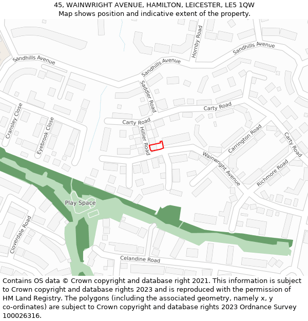 45, WAINWRIGHT AVENUE, HAMILTON, LEICESTER, LE5 1QW: Location map and indicative extent of plot