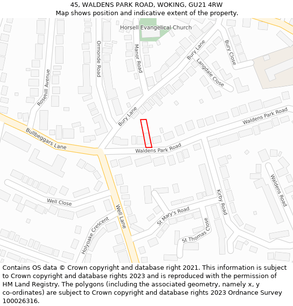 45, WALDENS PARK ROAD, WOKING, GU21 4RW: Location map and indicative extent of plot