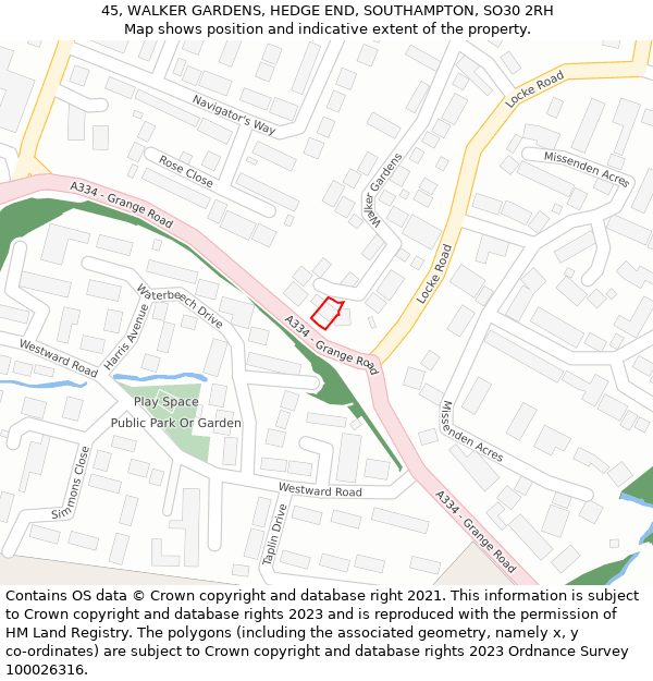 45, WALKER GARDENS, HEDGE END, SOUTHAMPTON, SO30 2RH: Location map and indicative extent of plot