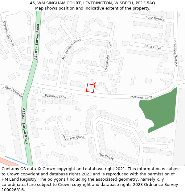 45, WALSINGHAM COURT, LEVERINGTON, WISBECH, PE13 5AQ: Location map and indicative extent of plot