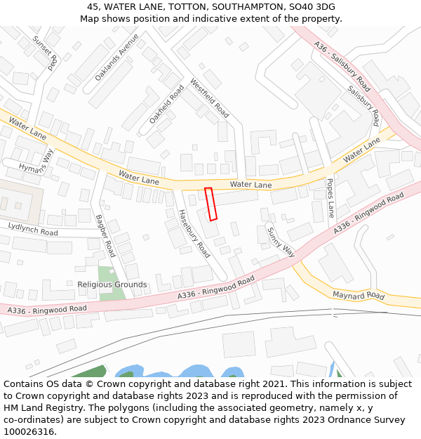 45, WATER LANE, TOTTON, SOUTHAMPTON, SO40 3DG: Location map and indicative extent of plot