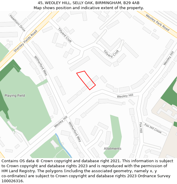 45, WEOLEY HILL, SELLY OAK, BIRMINGHAM, B29 4AB: Location map and indicative extent of plot