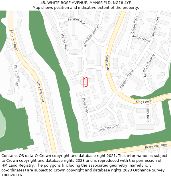 45, WHITE ROSE AVENUE, MANSFIELD, NG18 4YF: Location map and indicative extent of plot