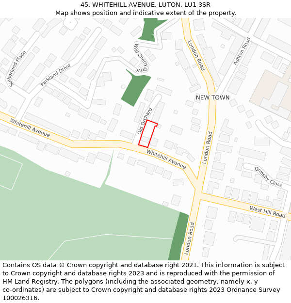 45, WHITEHILL AVENUE, LUTON, LU1 3SR: Location map and indicative extent of plot