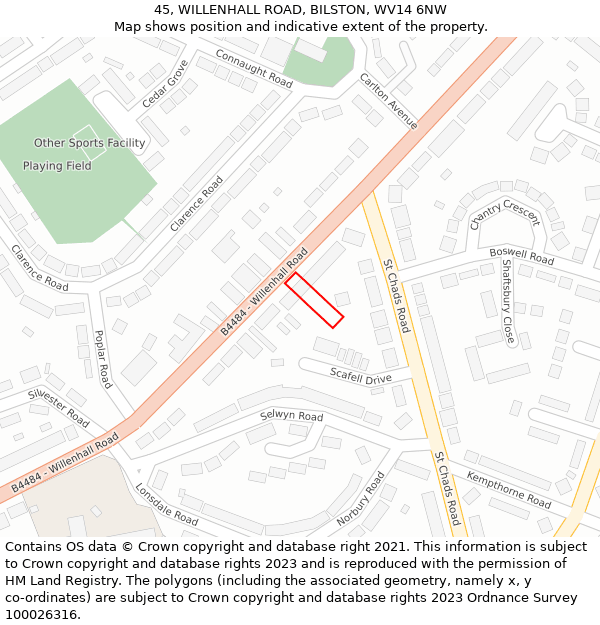 45, WILLENHALL ROAD, BILSTON, WV14 6NW: Location map and indicative extent of plot