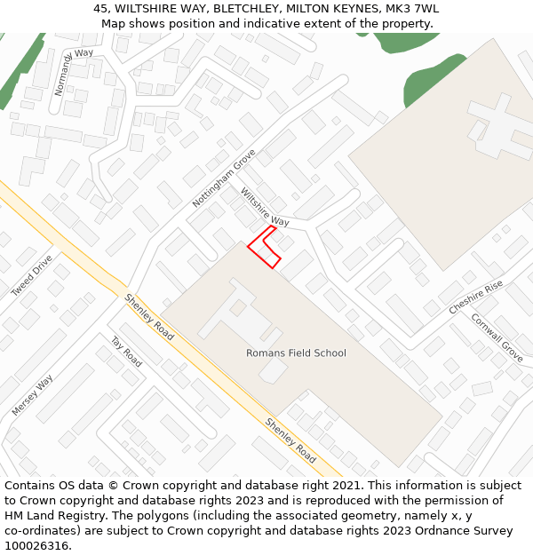 45, WILTSHIRE WAY, BLETCHLEY, MILTON KEYNES, MK3 7WL: Location map and indicative extent of plot