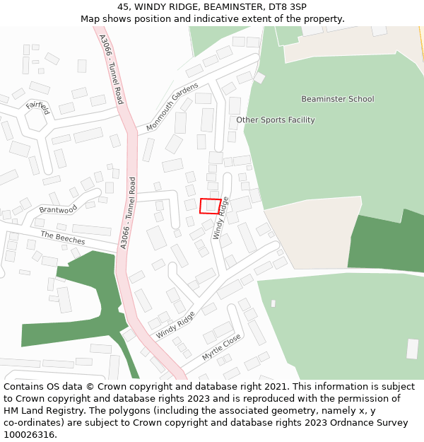 45, WINDY RIDGE, BEAMINSTER, DT8 3SP: Location map and indicative extent of plot