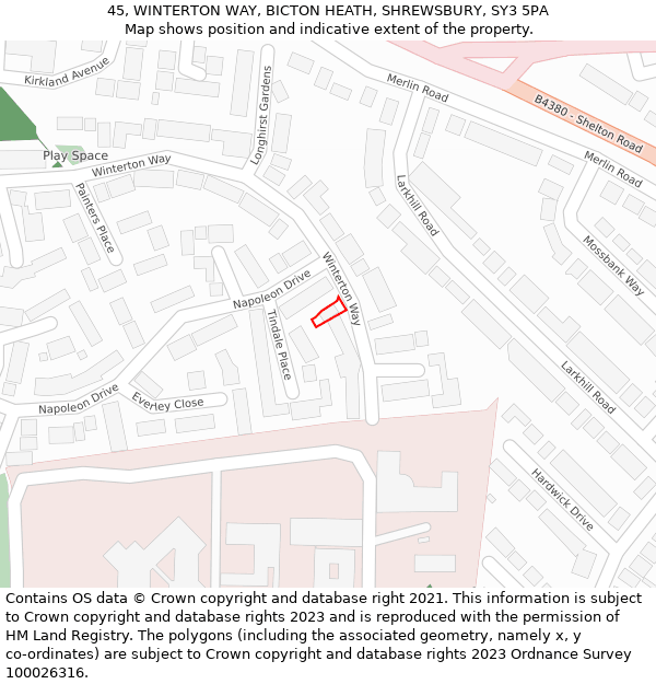 45, WINTERTON WAY, BICTON HEATH, SHREWSBURY, SY3 5PA: Location map and indicative extent of plot