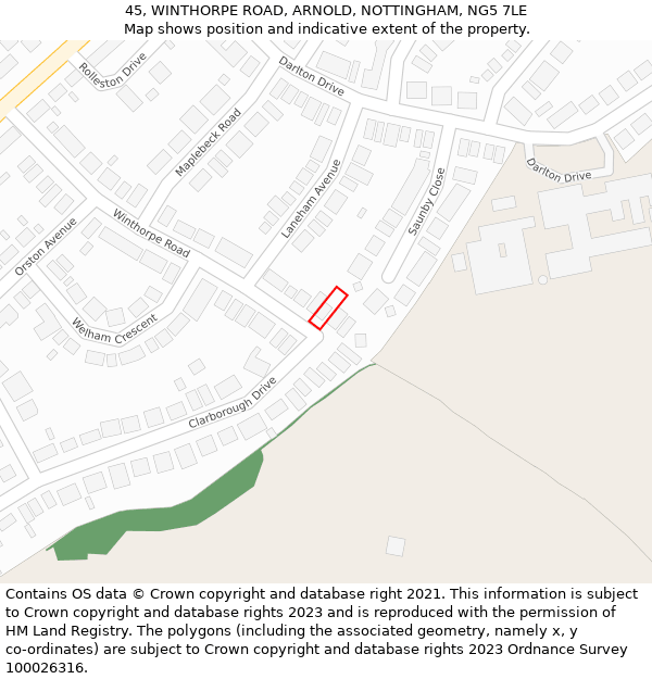 45, WINTHORPE ROAD, ARNOLD, NOTTINGHAM, NG5 7LE: Location map and indicative extent of plot