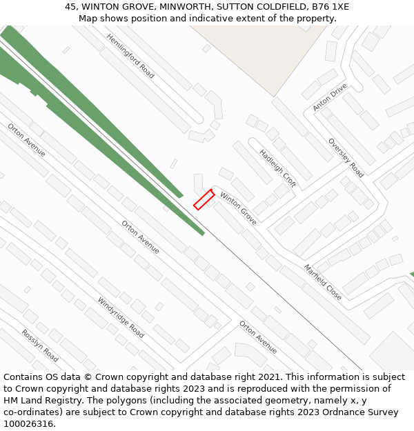 45, WINTON GROVE, MINWORTH, SUTTON COLDFIELD, B76 1XE: Location map and indicative extent of plot